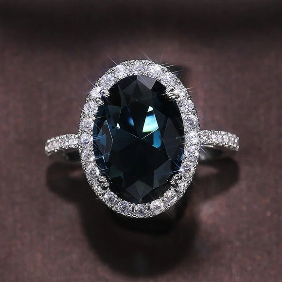 ▶Noble Hollow Anillos Super Large Oval Pure Royal Blue CZ Silver Ring, L263 - Picture 5 of 7